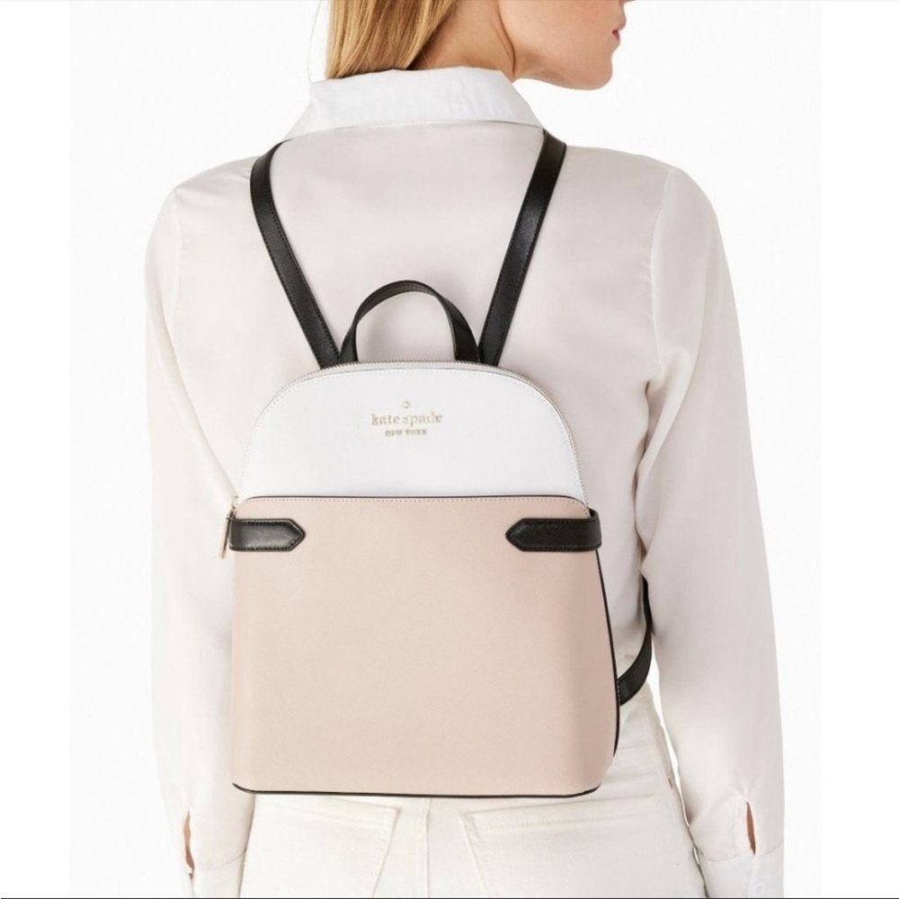 Kate Spade Staci Dome backpack beige black white saffiano leather